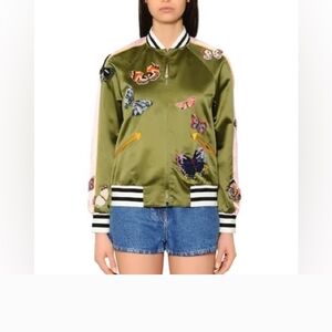 Green SILK Bomber Jacket with Butterfly/Flower Embroidery